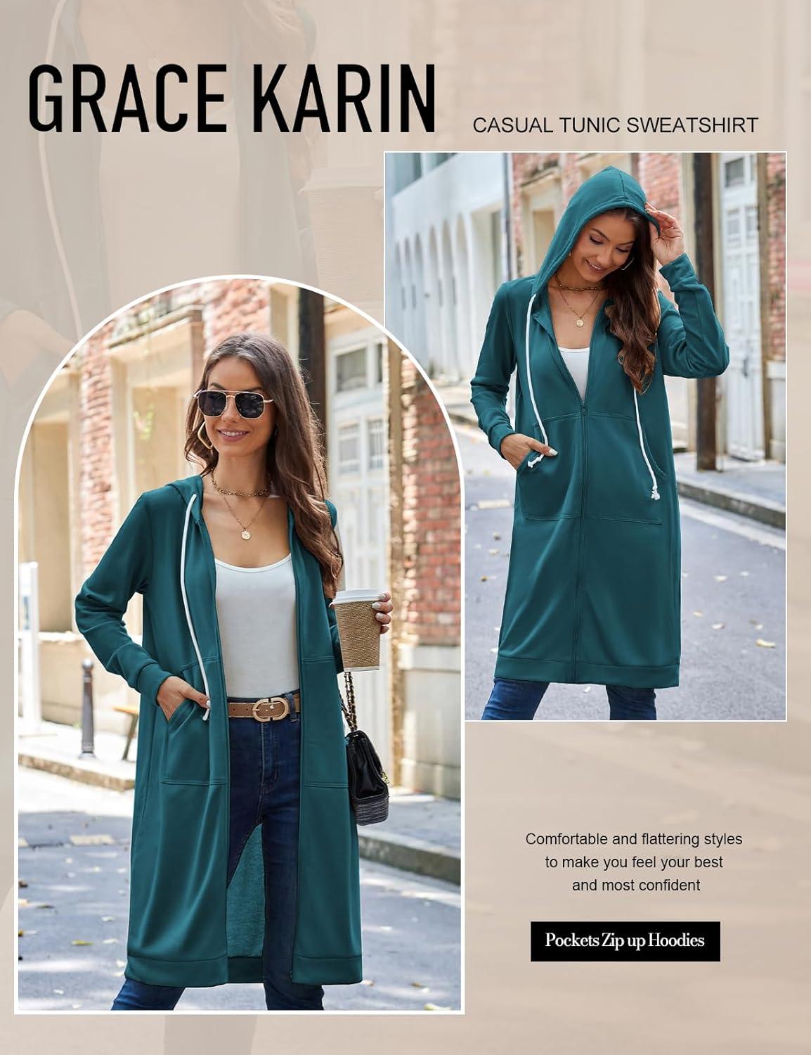 imageGRACE KARIN Womens Casual Pockets Zip up Hoodies Tunic Sweatshirt Long Hoodie JacketBlue Green