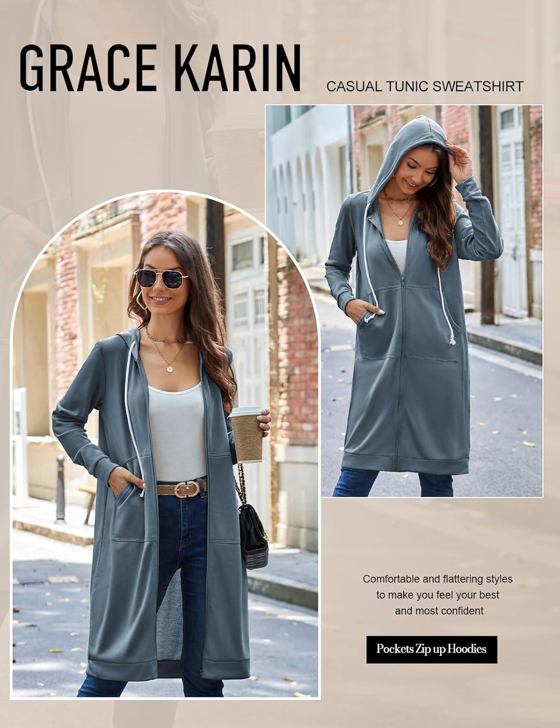 imageGRACE KARIN Womens Casual Pockets Zip up Hoodies Tunic Sweatshirt Long Hoodie JacketBlue Grey