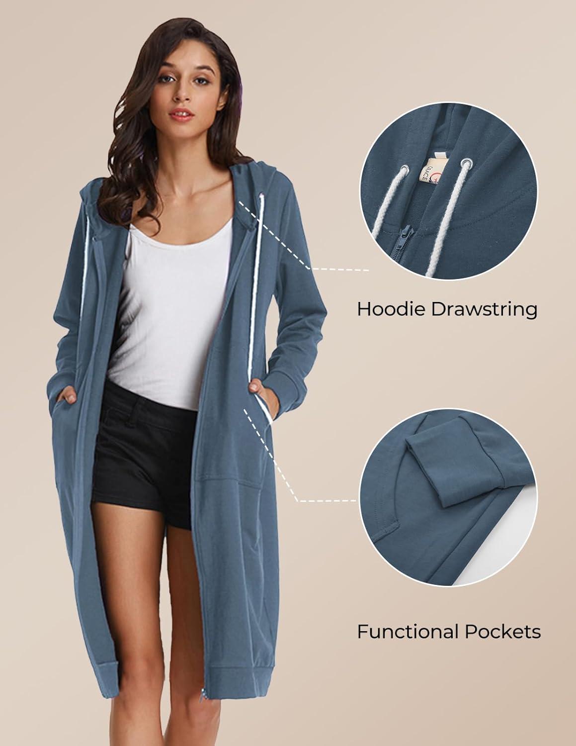 imageGRACE KARIN Womens Casual Pockets Zip up Hoodies Tunic Sweatshirt Long Hoodie JacketBlue Grey