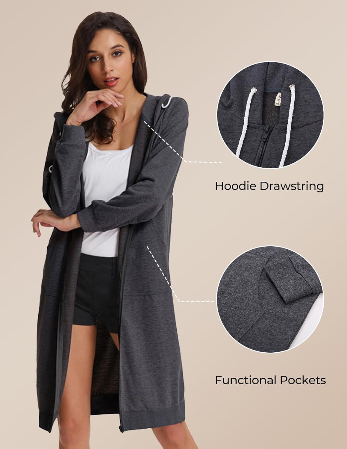 imageGRACE KARIN Womens Casual Pockets Zip up Hoodies Tunic Sweatshirt Long Hoodie JacketDark Grey
