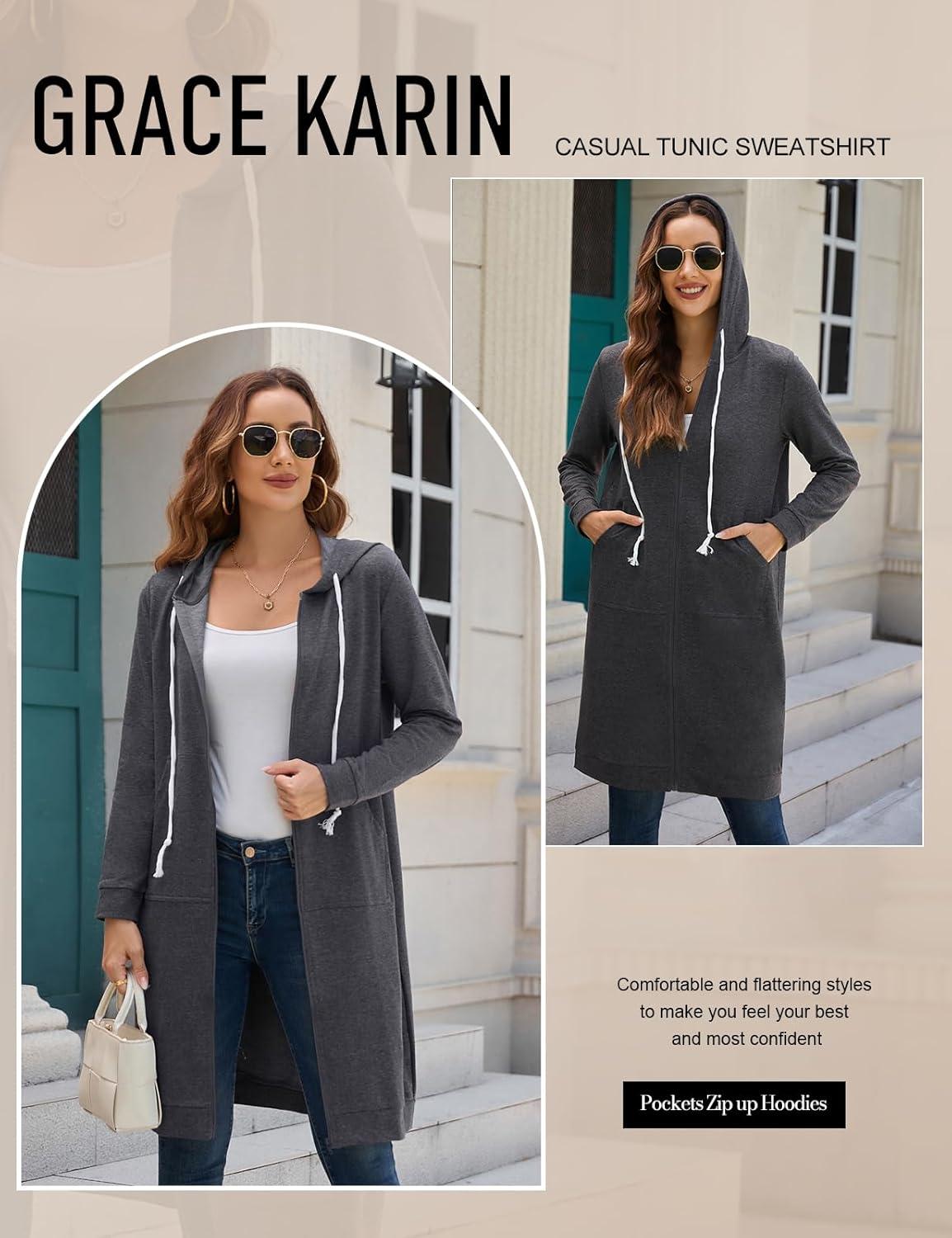 imageGRACE KARIN Womens Casual Pockets Zip up Hoodies Tunic Sweatshirt Long Hoodie JacketDark Grey