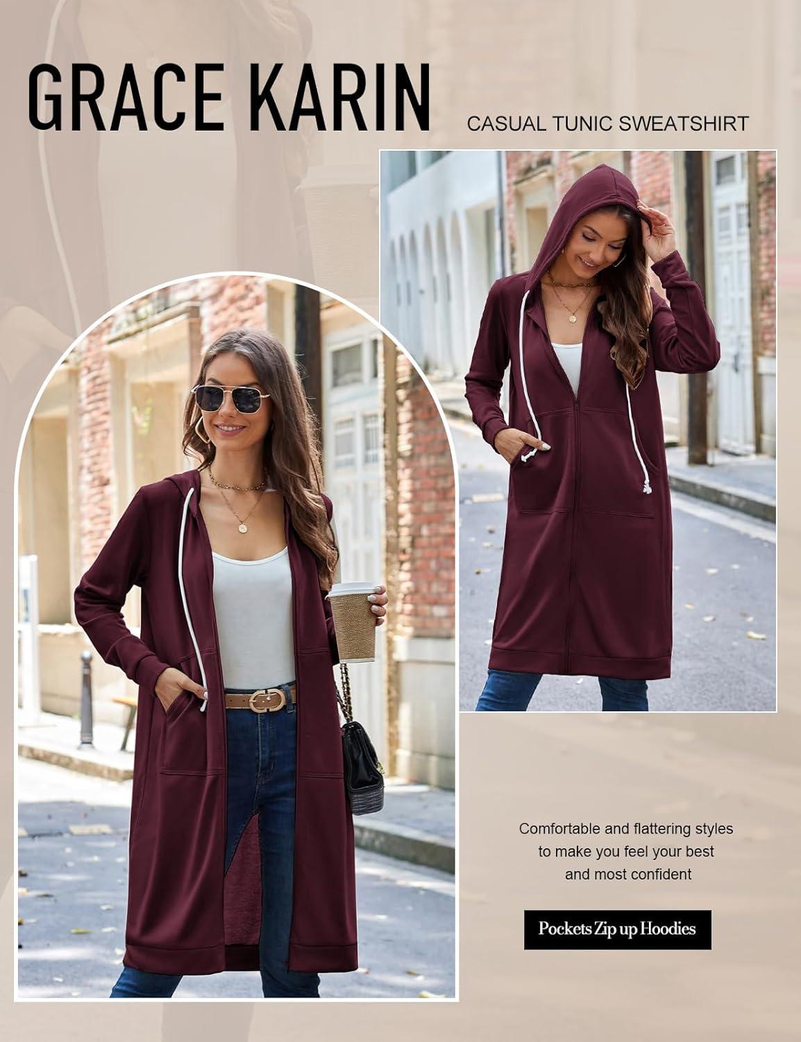 imageGRACE KARIN Womens Casual Pockets Zip up Hoodies Tunic Sweatshirt Long Hoodie JacketDark Wine Red