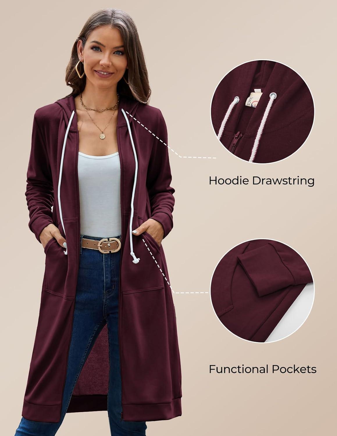 imageGRACE KARIN Womens Casual Pockets Zip up Hoodies Tunic Sweatshirt Long Hoodie JacketDark Wine Red