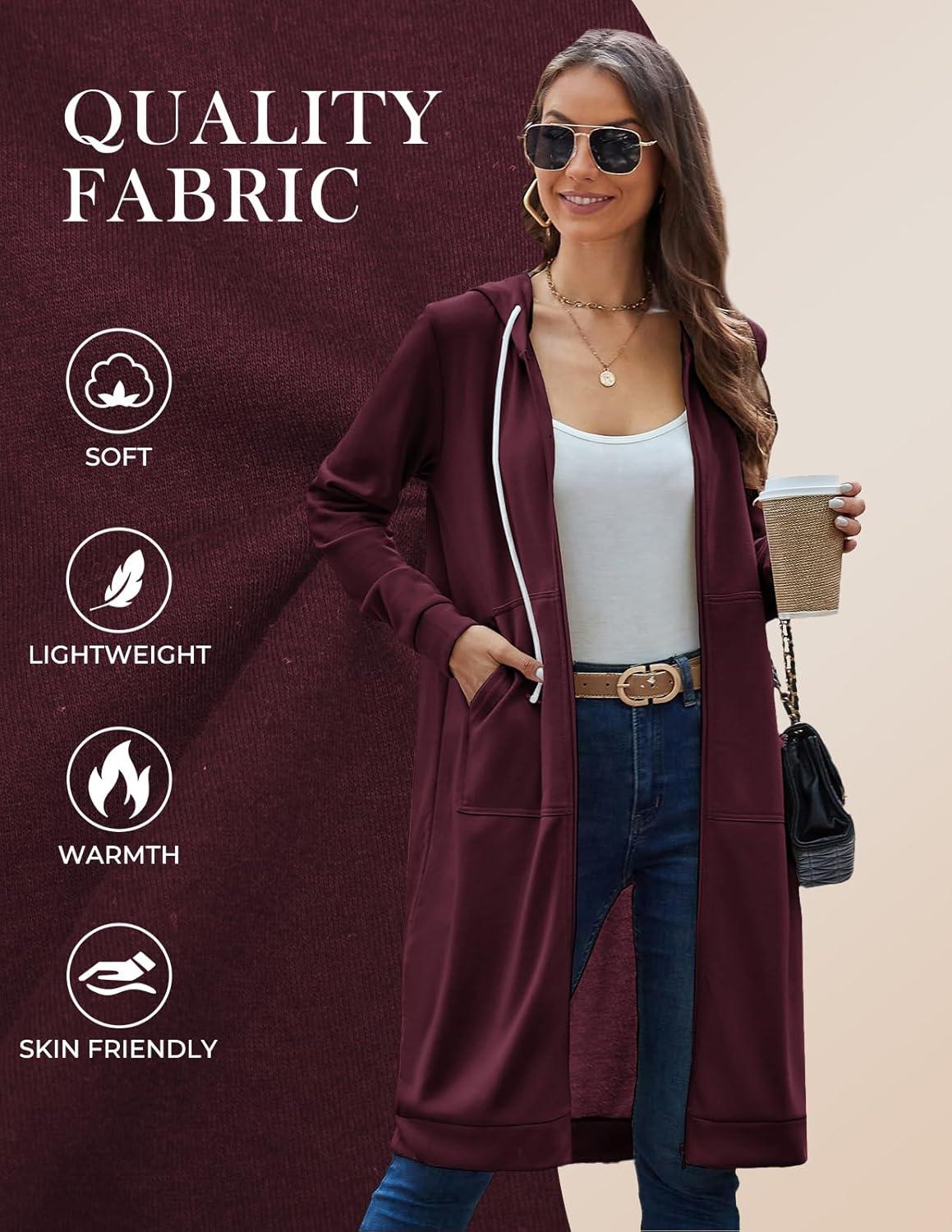 imageGRACE KARIN Womens Casual Pockets Zip up Hoodies Tunic Sweatshirt Long Hoodie JacketDark Wine Red