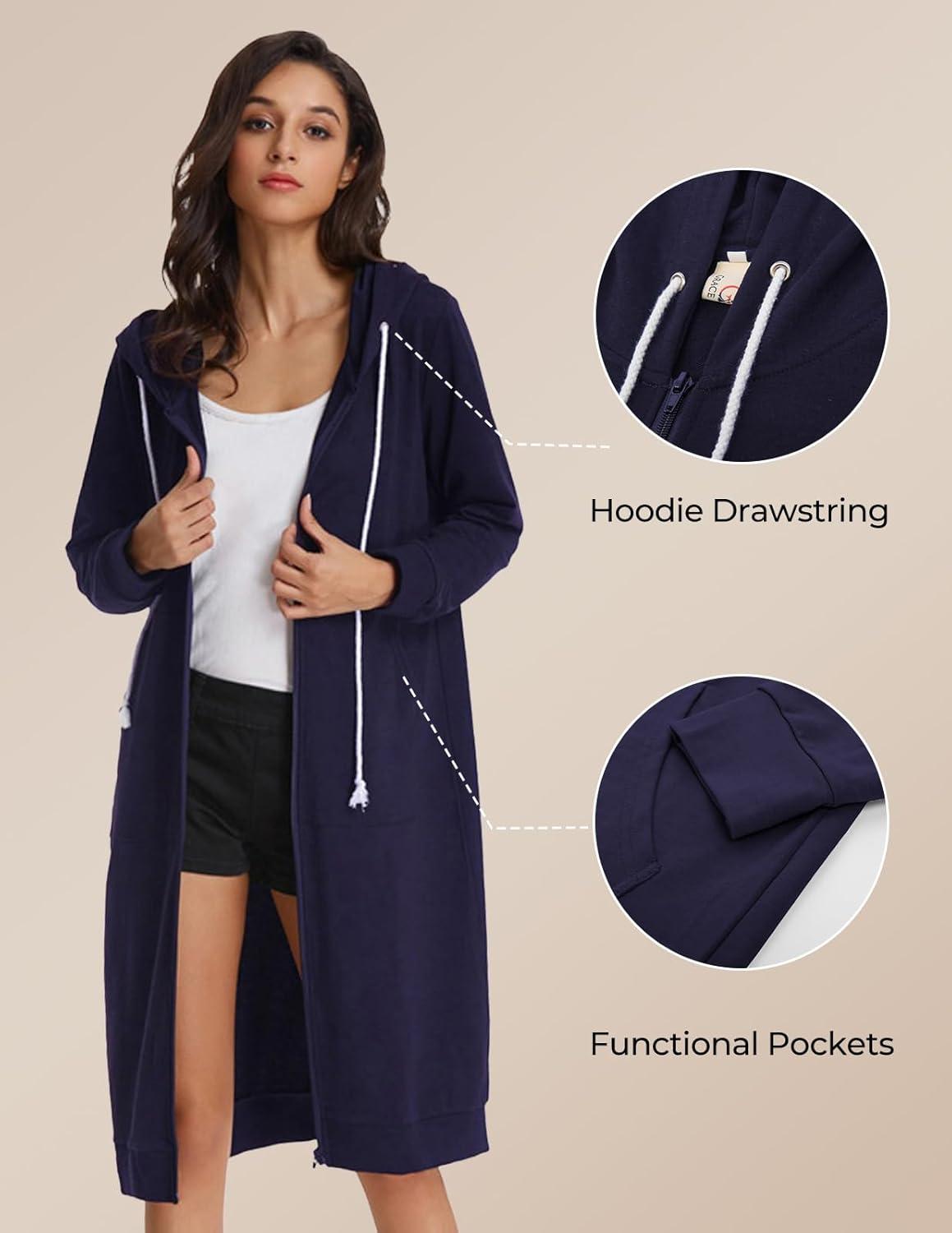 imageGRACE KARIN Womens Casual Pockets Zip up Hoodies Tunic Sweatshirt Long Hoodie JacketNavy Blue