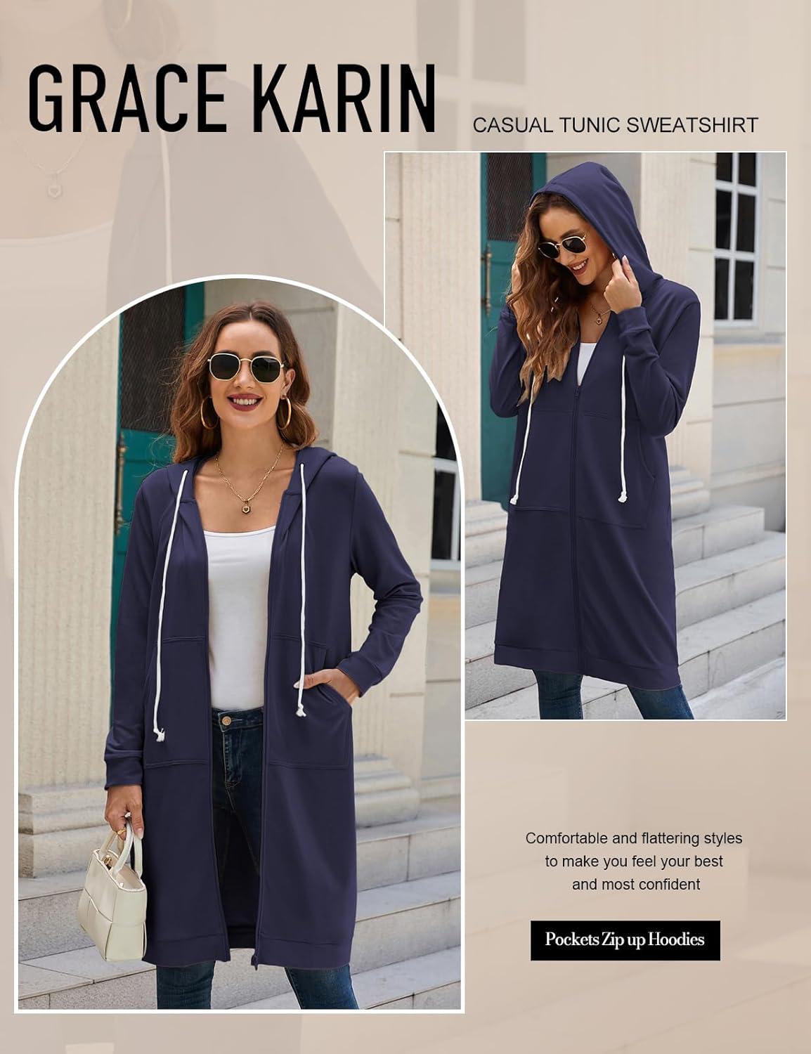 imageGRACE KARIN Womens Casual Pockets Zip up Hoodies Tunic Sweatshirt Long Hoodie JacketNavy Blue