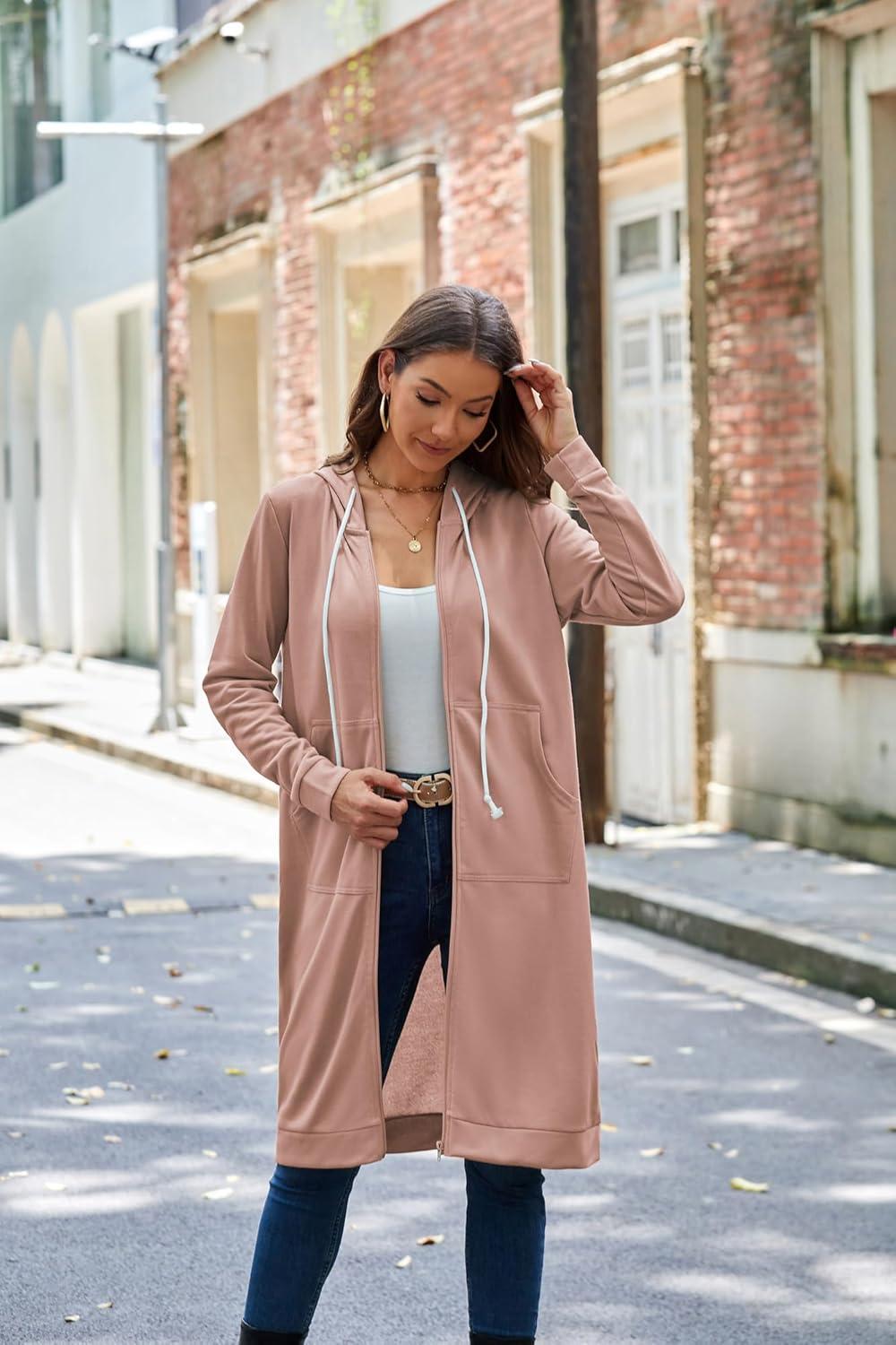 imageGRACE KARIN Womens Casual Pockets Zip up Hoodies Tunic Sweatshirt Long Hoodie JacketShrimp Pink