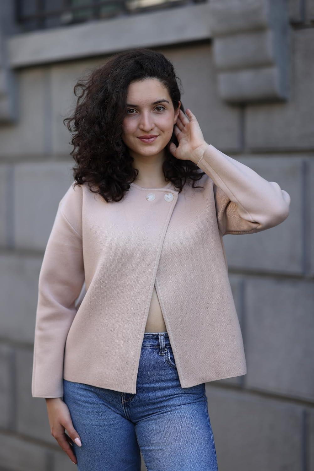 imageGRACE KARIN Womens Cropped Knit Sweater Blazer Oversized Open Front Jackets 2026 Spring Laple Cardigans Dressy CasualApricot