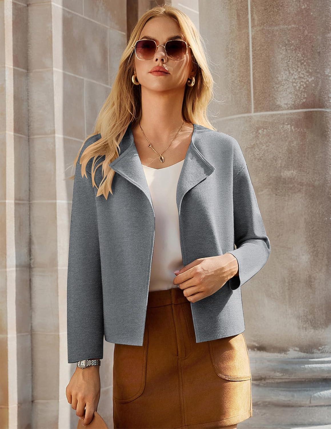imageGRACE KARIN Womens Cropped Knit Sweater Blazer Oversized Open Front Jackets 2026 Spring Laple Cardigans Dressy CasualGrey