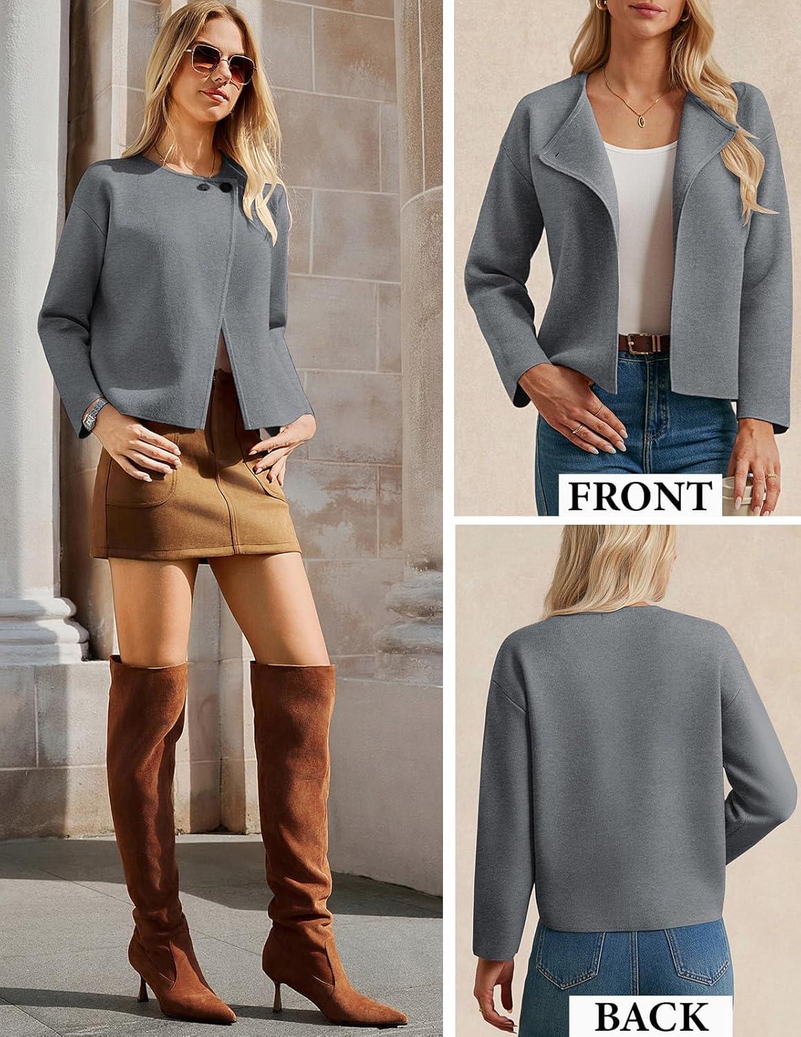 imageGRACE KARIN Womens Cropped Knit Sweater Blazer Oversized Open Front Jackets 2026 Spring Laple Cardigans Dressy CasualGrey