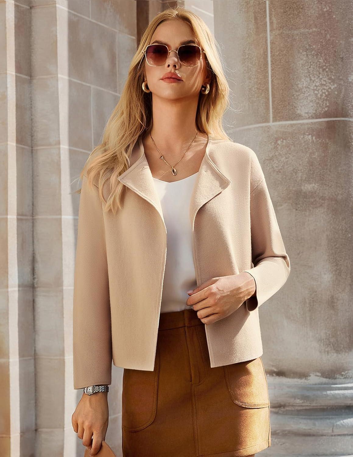 imageGRACE KARIN Womens Cropped Knit Sweater Blazer Oversized Open Front Jackets 2026 Spring Laple Cardigans Dressy CasualKhaki