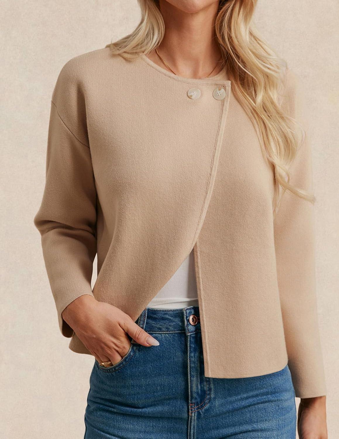 imageGRACE KARIN Womens Cropped Knit Sweater Blazer Oversized Open Front Jackets 2026 Spring Laple Cardigans Dressy CasualKhaki