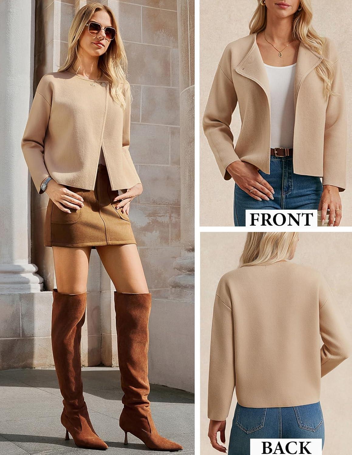imageGRACE KARIN Womens Cropped Knit Sweater Blazer Oversized Open Front Jackets 2026 Spring Laple Cardigans Dressy CasualKhaki