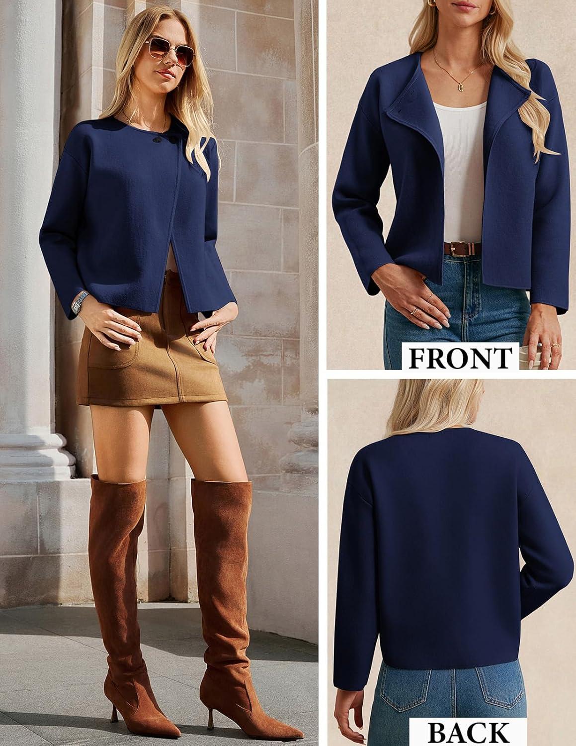 imageGRACE KARIN Womens Cropped Knit Sweater Blazer Oversized Open Front Jackets 2026 Spring Laple Cardigans Dressy CasualNavy Blue