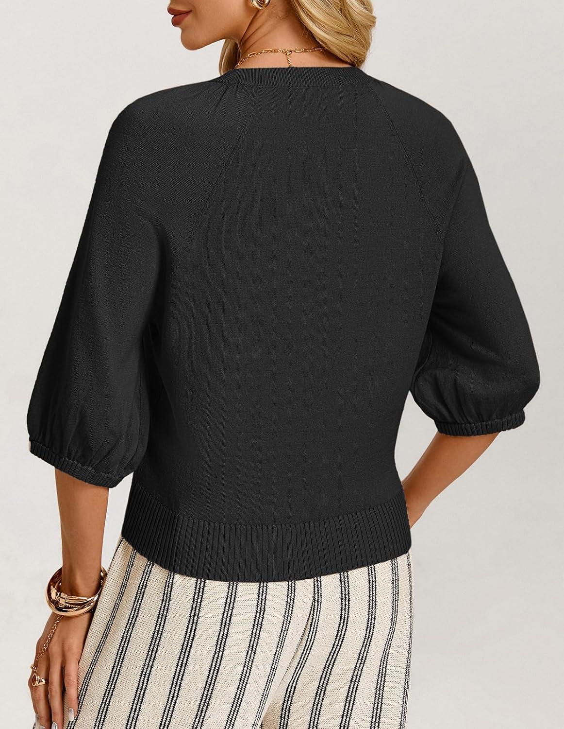 imageGRACE KARIN Womens Puff Short Sleeve Cardigans Lightweight Cropped Cardigan Button Up Knit Shirts Sweater TopsBlack
