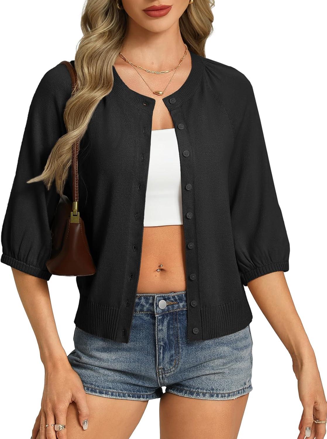 imageGRACE KARIN Womens Puff Short Sleeve Cardigans Lightweight Cropped Cardigan Button Up Knit Shirts Sweater TopsBlack