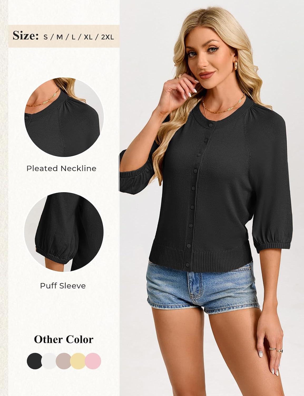 imageGRACE KARIN Womens Puff Short Sleeve Cardigans Lightweight Cropped Cardigan Button Up Knit Shirts Sweater TopsBlack