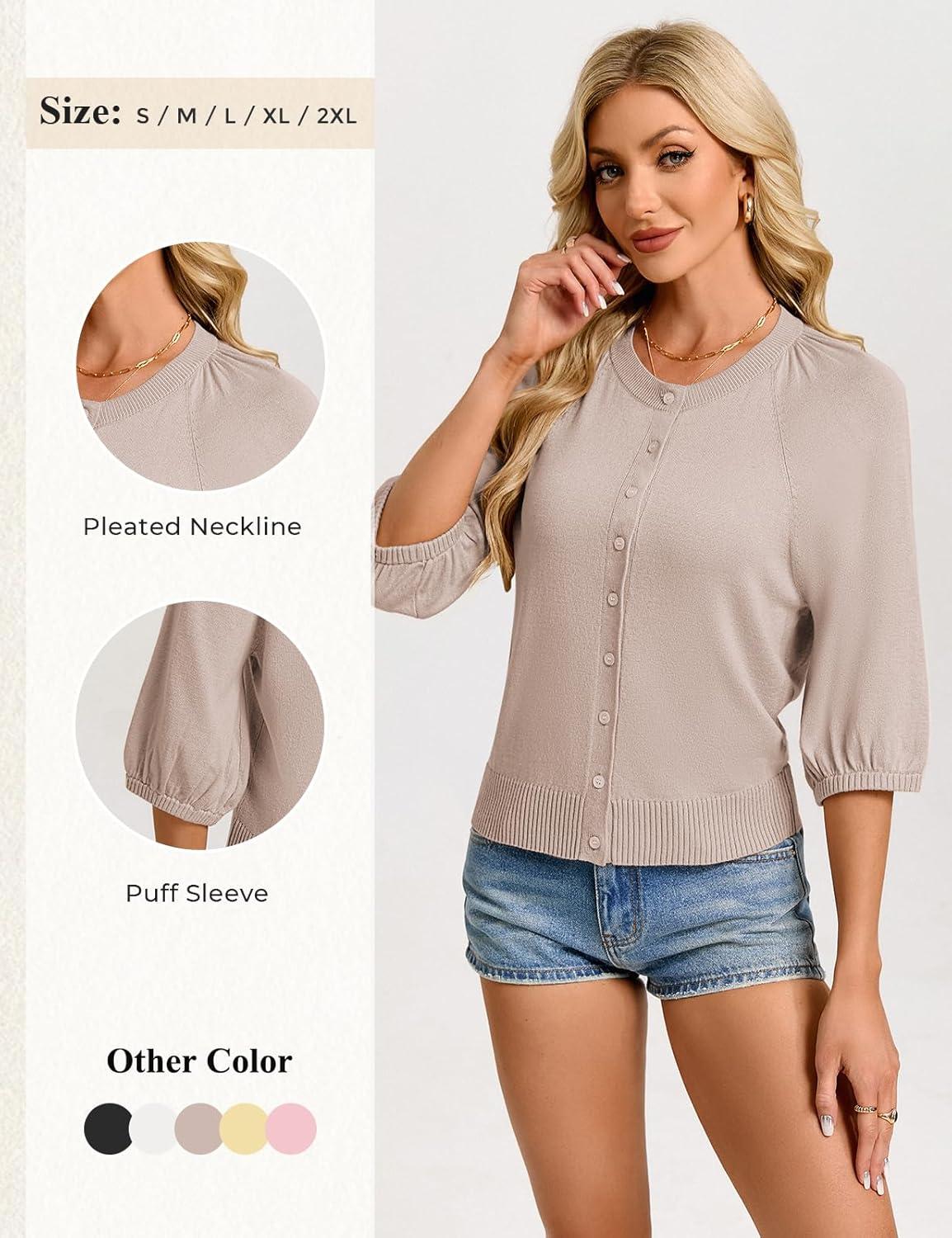 imageGRACE KARIN Womens Puff Short Sleeve Cardigans Lightweight Cropped Cardigan Button Up Knit Shirts Sweater TopsKhaki