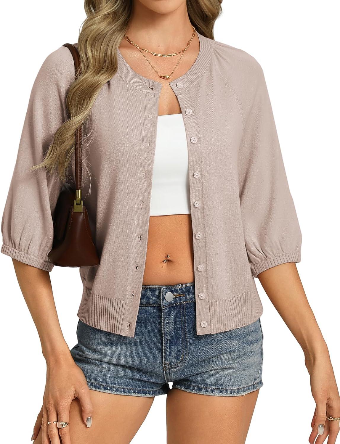 imageGRACE KARIN Womens Puff Short Sleeve Cardigans Lightweight Cropped Cardigan Button Up Knit Shirts Sweater TopsKhaki