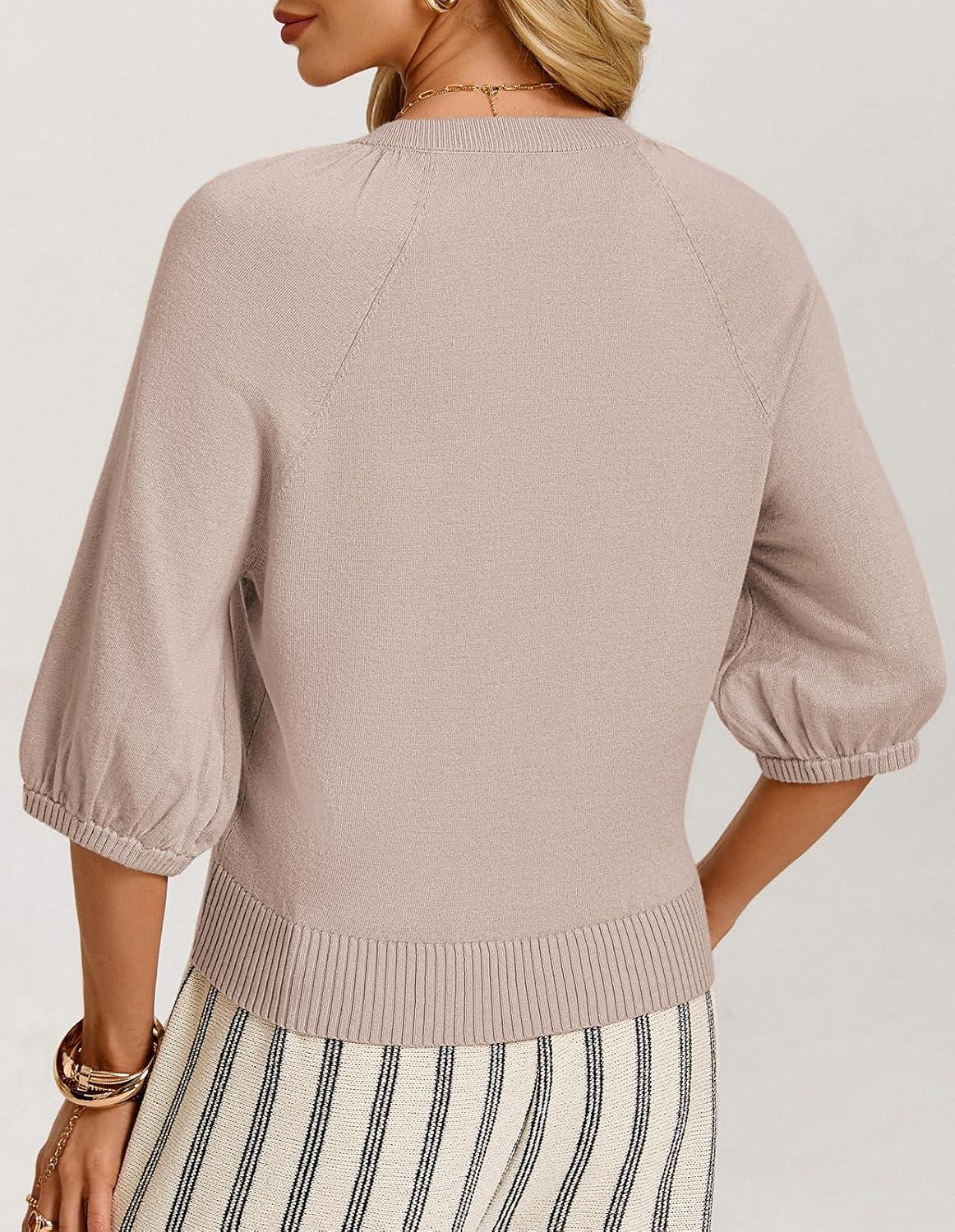 imageGRACE KARIN Womens Puff Short Sleeve Cardigans Lightweight Cropped Cardigan Button Up Knit Shirts Sweater TopsKhaki