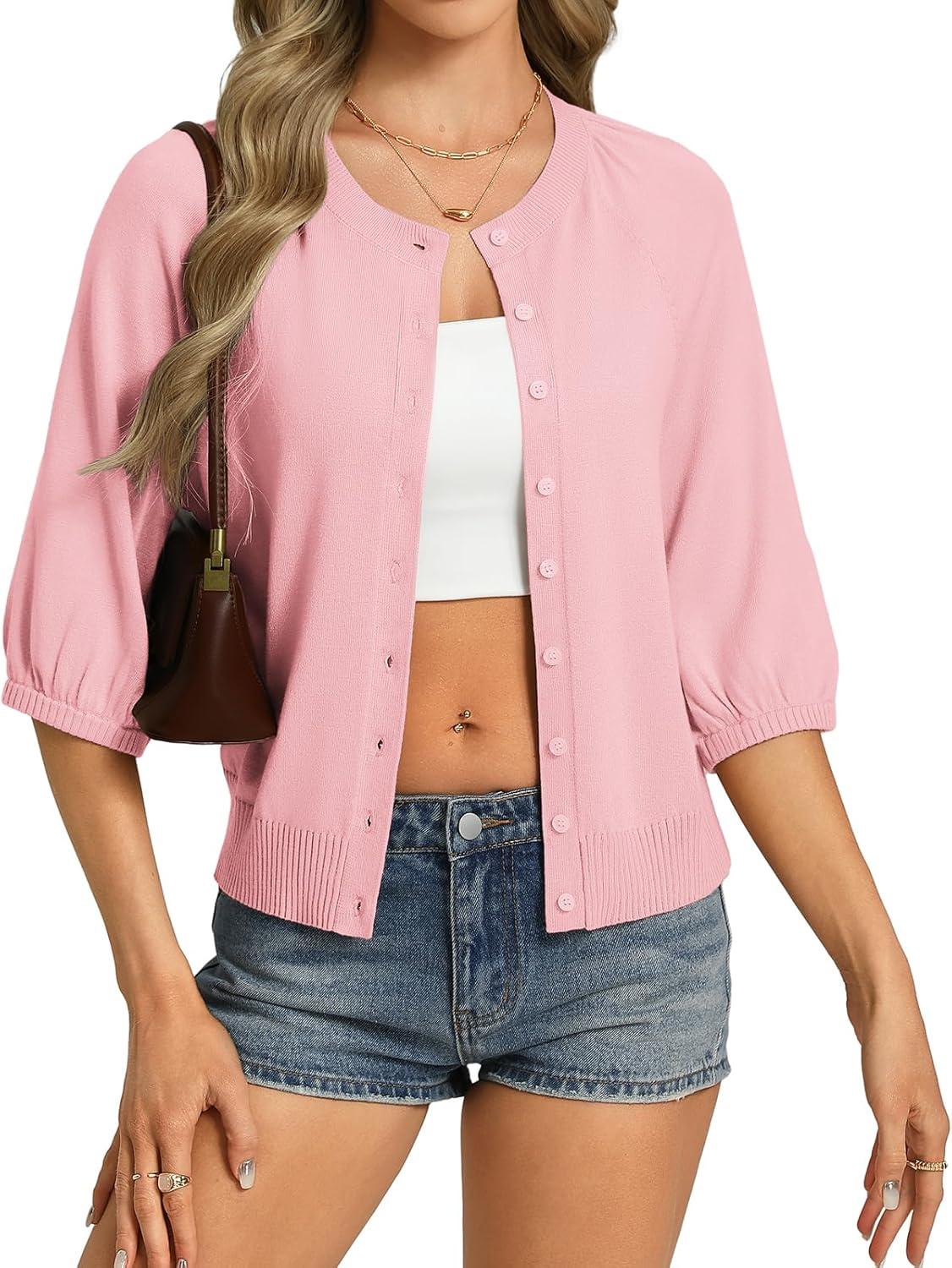 imageGRACE KARIN Womens Puff Short Sleeve Cardigans Lightweight Cropped Cardigan Button Up Knit Shirts Sweater TopsPink