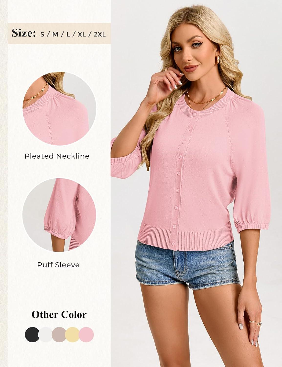 imageGRACE KARIN Womens Puff Short Sleeve Cardigans Lightweight Cropped Cardigan Button Up Knit Shirts Sweater TopsPink