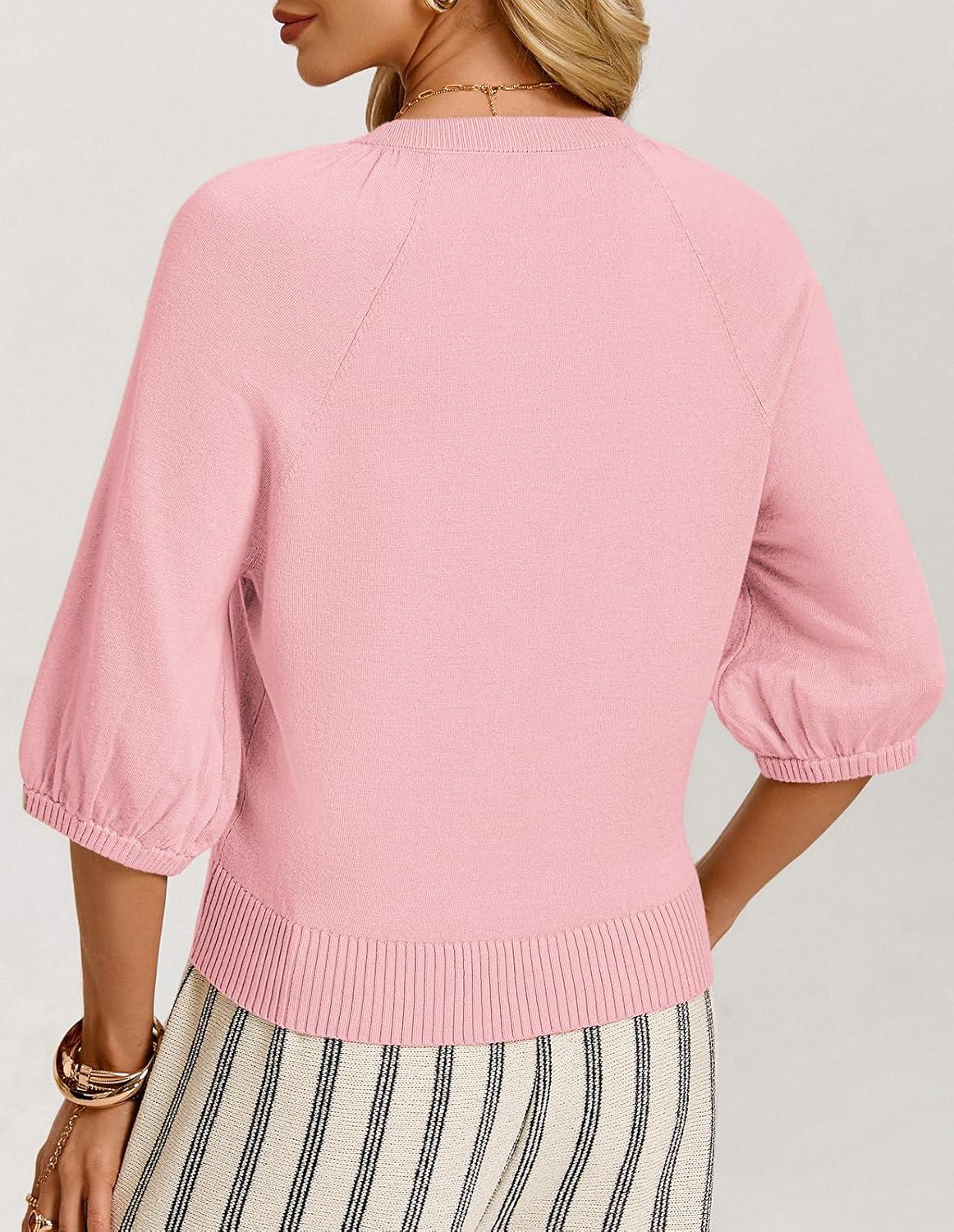 imageGRACE KARIN Womens Puff Short Sleeve Cardigans Lightweight Cropped Cardigan Button Up Knit Shirts Sweater TopsPink