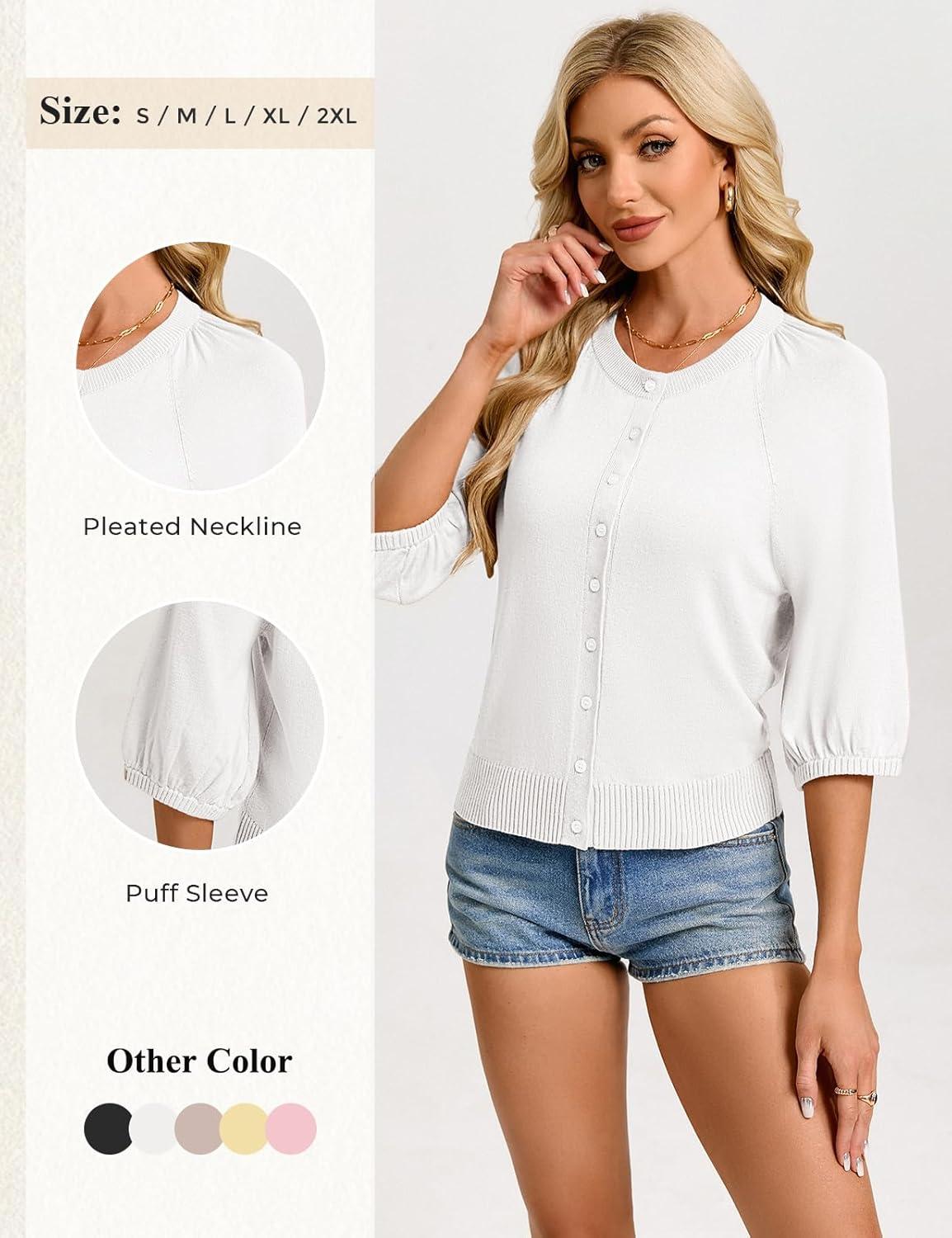 imageGRACE KARIN Womens Puff Short Sleeve Cardigans Lightweight Cropped Cardigan Button Up Knit Shirts Sweater TopsWhite