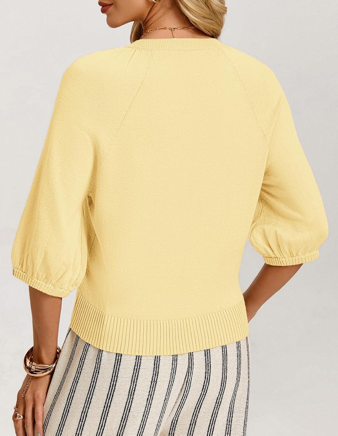 imageGRACE KARIN Womens Puff Short Sleeve Cardigans Lightweight Cropped Cardigan Button Up Knit Shirts Sweater TopsYellow