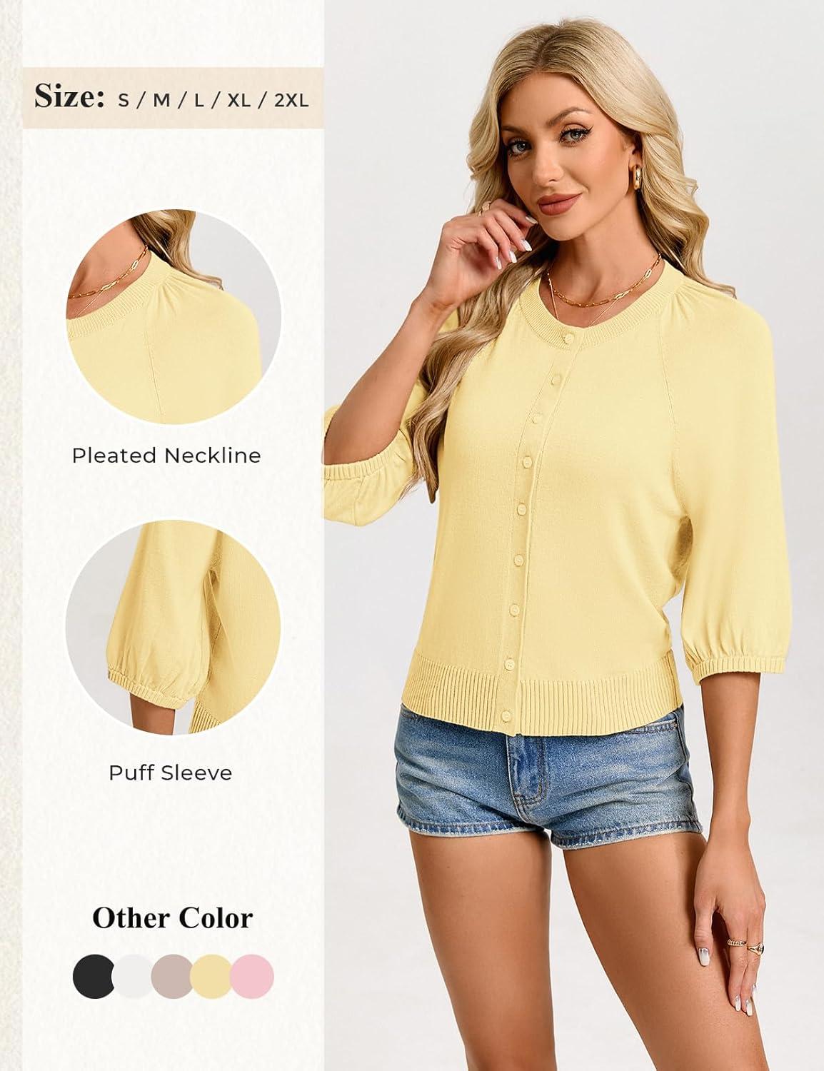 imageGRACE KARIN Womens Puff Short Sleeve Cardigans Lightweight Cropped Cardigan Button Up Knit Shirts Sweater TopsYellow
