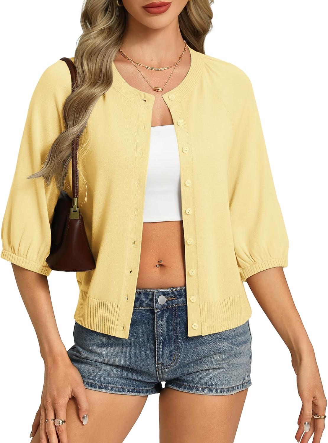 imageGRACE KARIN Womens Puff Short Sleeve Cardigans Lightweight Cropped Cardigan Button Up Knit Shirts Sweater TopsYellow