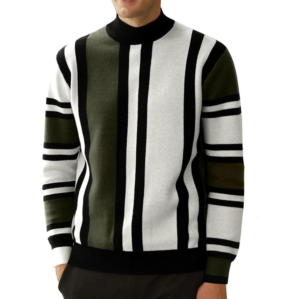 imageGRACE KARIN Mens Sweater Turtleneck Striped Pullover Fashion Christmas SweaterArmy Green