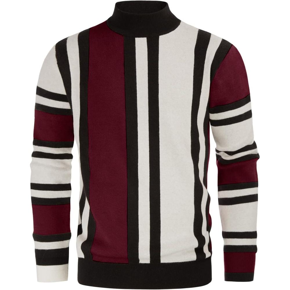 imageGRACE KARIN Mens Sweater Turtleneck Striped Pullover Fashion Christmas SweaterBeige