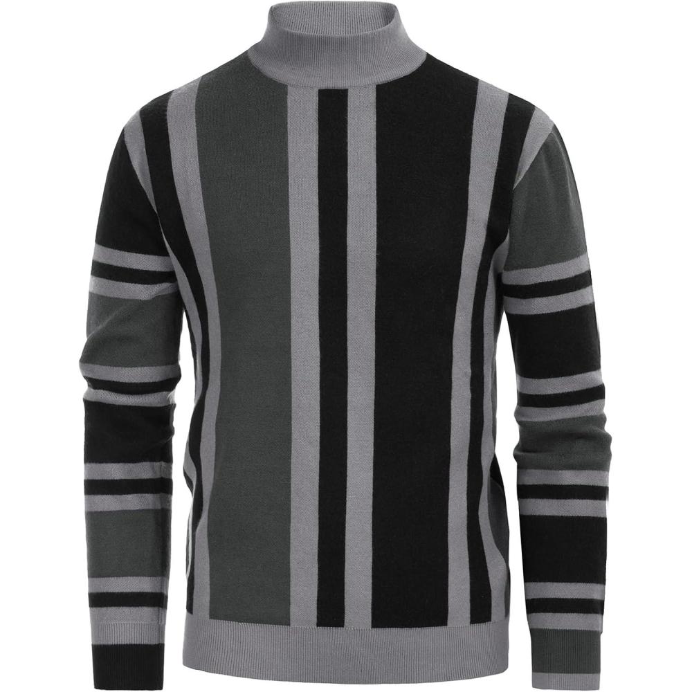 imageGRACE KARIN Mens Sweater Turtleneck Striped Pullover Fashion Christmas SweaterBlack