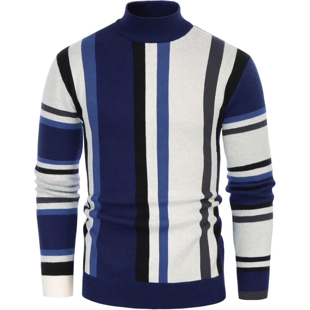imageGRACE KARIN Mens Sweater Turtleneck Striped Pullover Fashion Christmas SweaterBlue