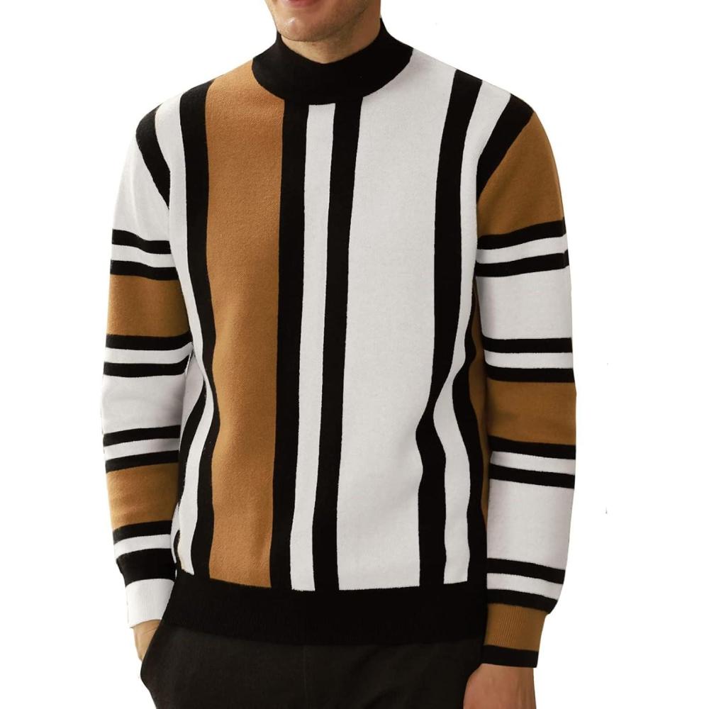 imageGRACE KARIN Mens Sweater Turtleneck Striped Pullover Fashion Christmas SweaterCamel