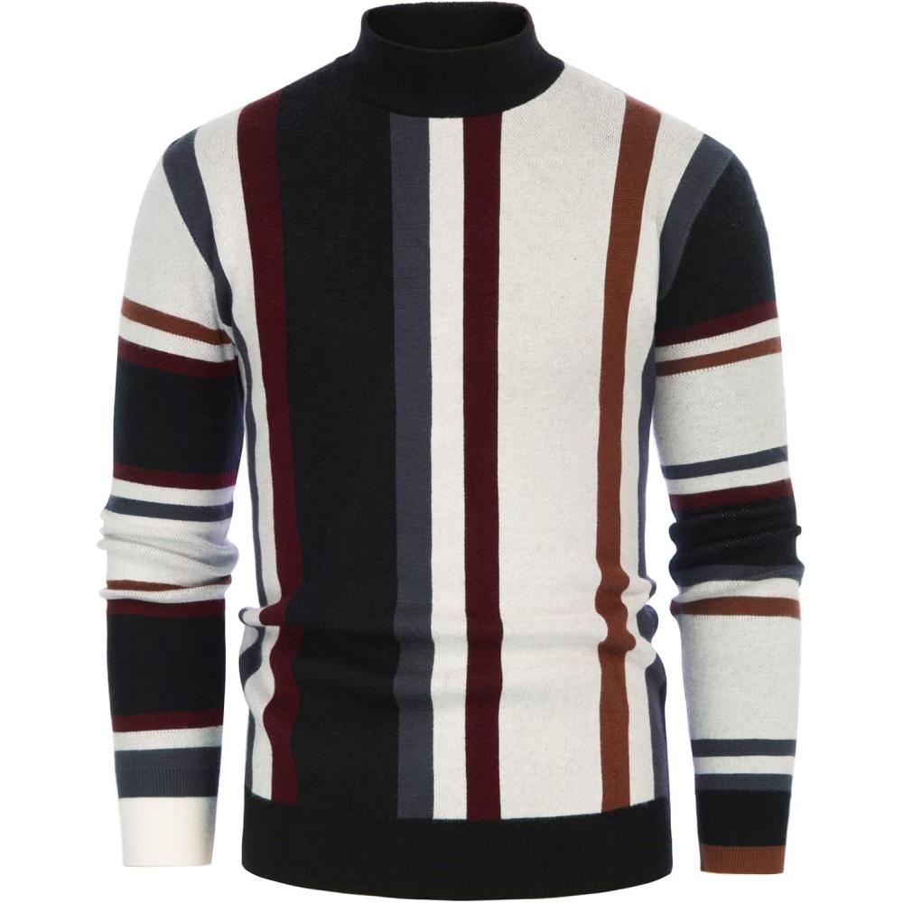 imageGRACE KARIN Mens Sweater Turtleneck Striped Pullover Fashion Christmas SweaterCoffee