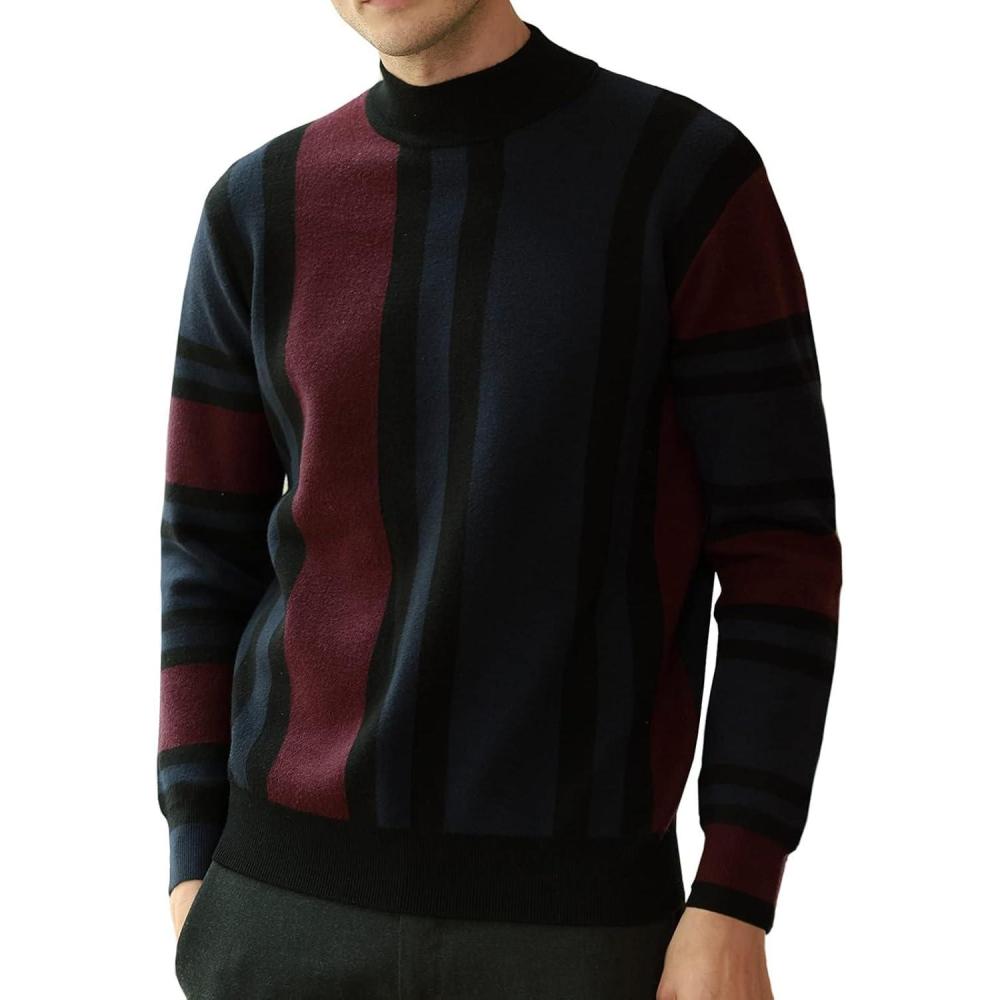 imageGRACE KARIN Mens Sweater Turtleneck Striped Pullover Fashion Christmas SweaterWine