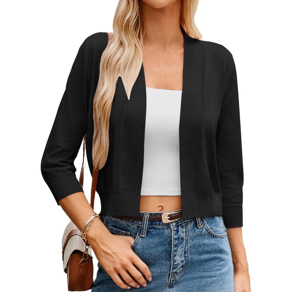 imageGRACE KARIN Women Cardigan Sweaters Lightweight Knit Cropped Cardigans Trendy 34 Sleeve Shrug Bolero S3XL1black