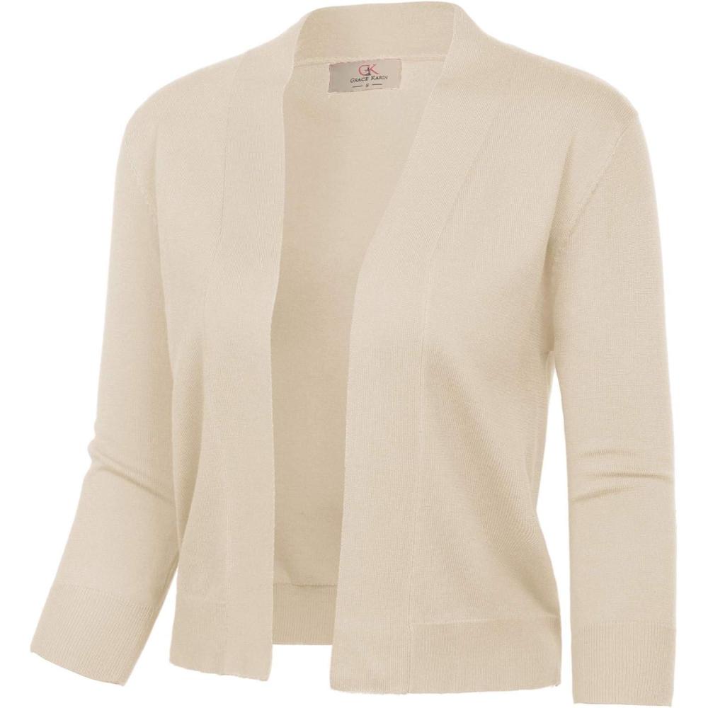 imageGRACE KARIN Women Cardigan Sweaters Lightweight Knit Cropped Cardigans Trendy 34 Sleeve Shrug Bolero S3XLBeige