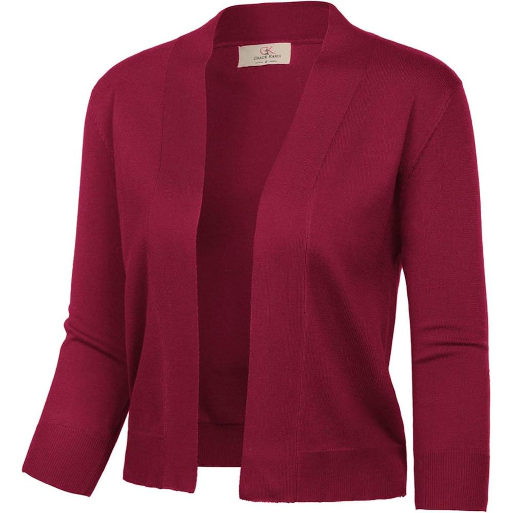 imageGRACE KARIN Women Cardigan Sweaters Lightweight Knit Cropped Cardigans Trendy 34 Sleeve Shrug Bolero S3XLBurgundy