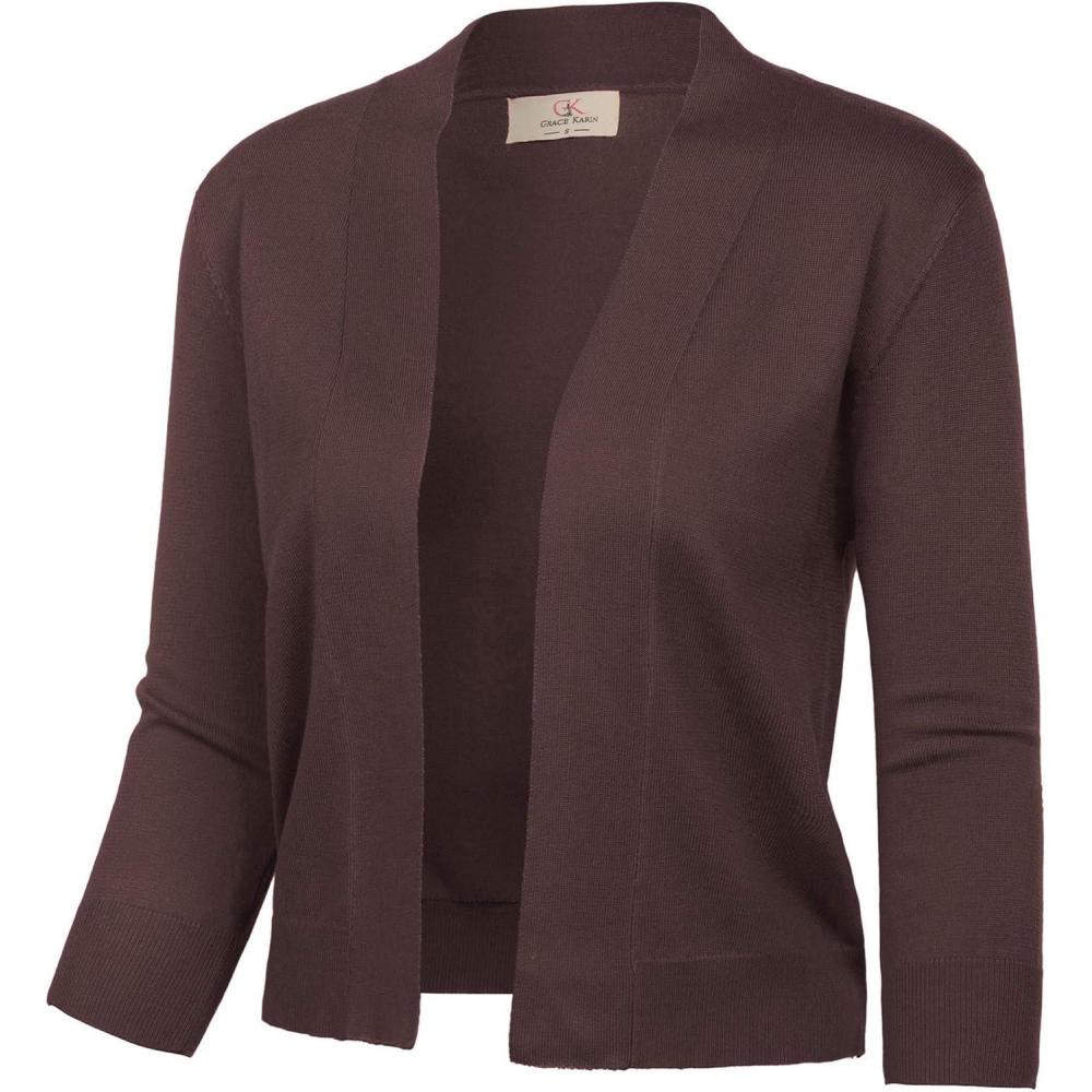 imageGRACE KARIN Women Cardigan Sweaters Lightweight Knit Cropped Cardigans Trendy 34 Sleeve Shrug Bolero S3XLCoffee