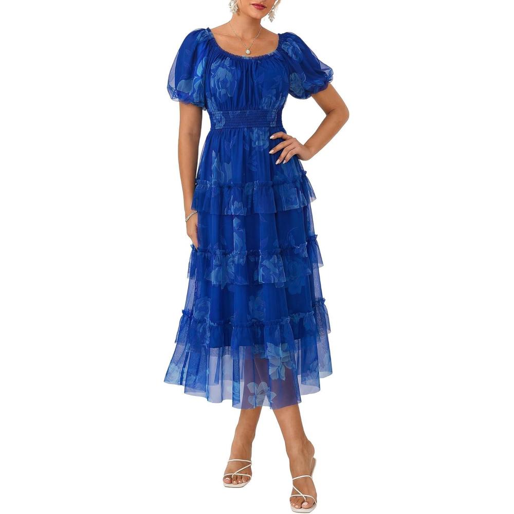 imageGRACE KARIN Womens 2026 Summer Midi Tulle DressSquare Neck Puff Sleeve Smocked Mesh DressesWedding Guest Party DressesBlue White