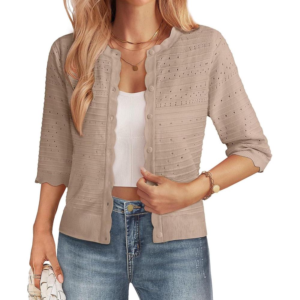 imageGRACE KARIN Womens 34 Sleeve Cardigan Sweater Lightweight Cropped Cardigan Trendy Dressy Casual Crochet Bolero Shrugs02 Khaki
