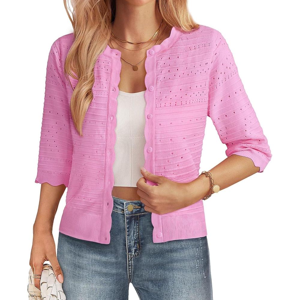 imageGRACE KARIN Womens 34 Sleeve Cardigan Sweater Lightweight Cropped Cardigan Trendy Dressy Casual Crochet Bolero ShrugsBright Pink