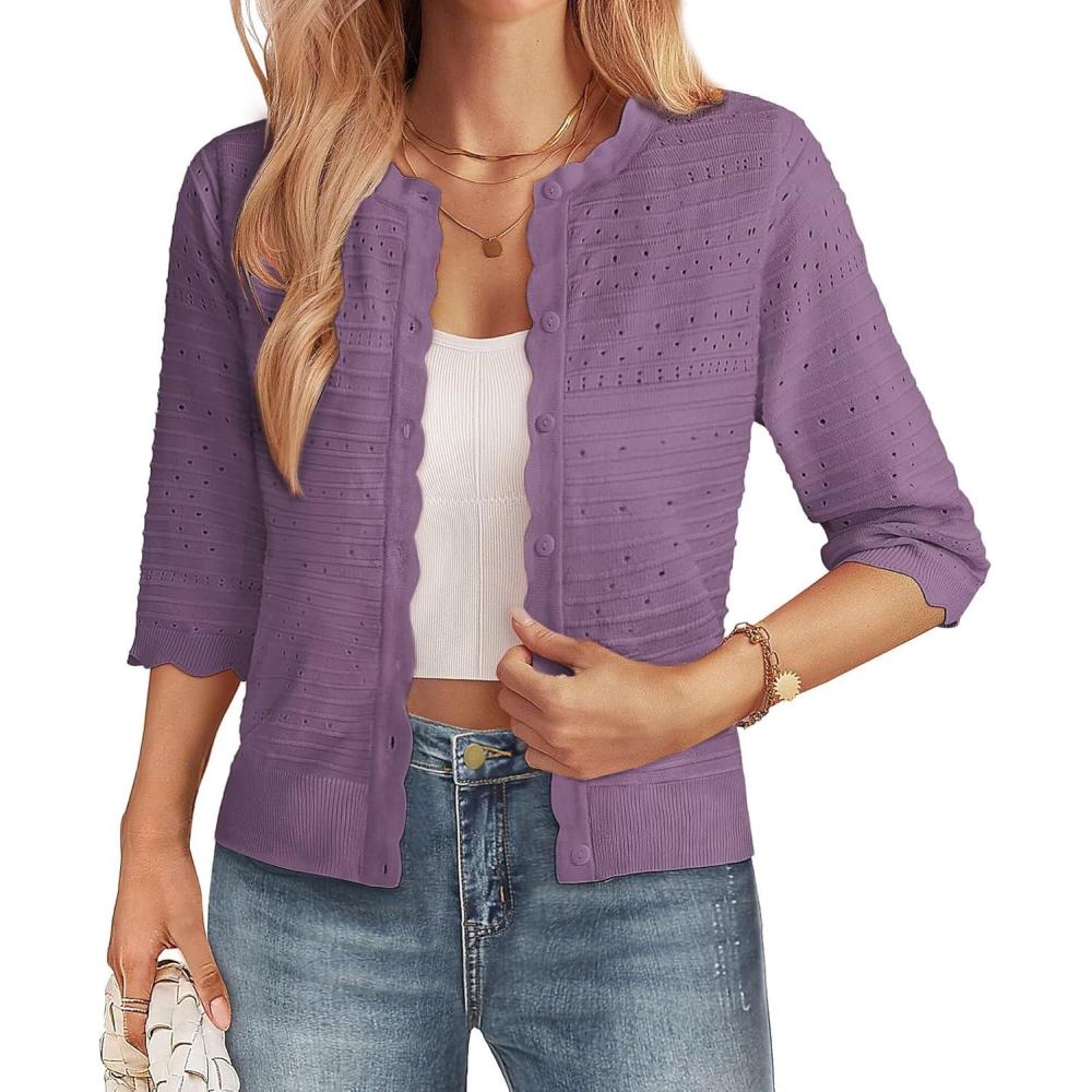 imageGRACE KARIN Womens 34 Sleeve Cardigan Sweater Lightweight Cropped Cardigan Trendy Dressy Casual Crochet Bolero ShrugsPurple