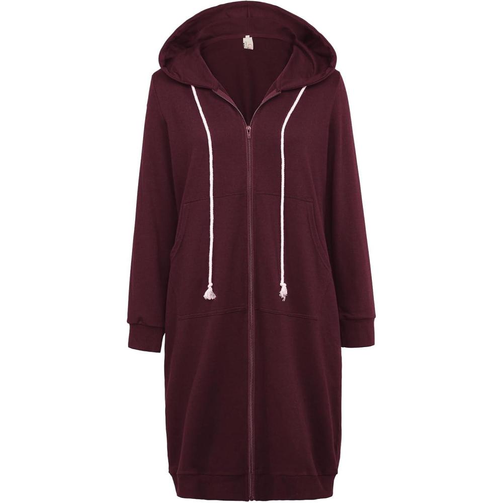 imageGRACE KARIN Womens Casual Pockets Zip up Hoodies Tunic Sweatshirt Long Hoodie JacketDark Wine Red
