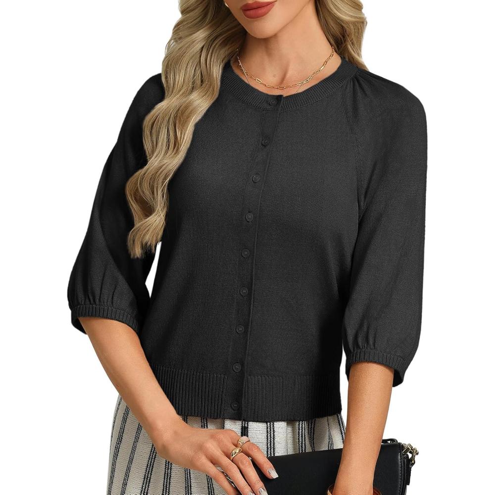 imageGRACE KARIN Womens Puff Short Sleeve Cardigans Lightweight Cropped Cardigan Button Up Knit Shirts Sweater TopsBlack