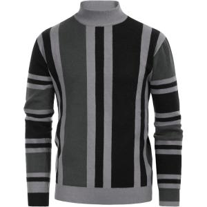 GRACE KARIN Mens Sweater Turtleneck Striped Pullover Fashion Christmas Sweater(Black)