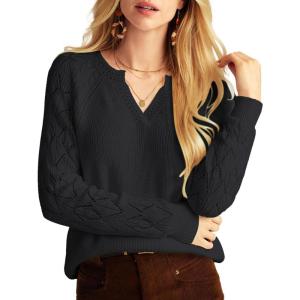 GRACE KARIN V Neck Sweater for Women Crochet Pullover Sweater Tops Cable Knit Sleeve Sweaters Spring Summer Fashion 2025(Black)